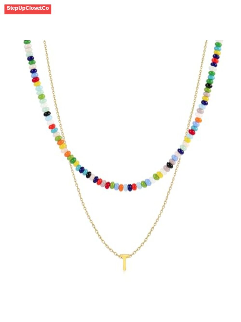 18K Gold Plated Layered Initial A-Z Necklace Rainbow Gemstone Choker Set Boho